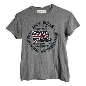 Jack Wills Shirt Men Small Gray Navy Great Britain Flag Graphic Tee Crew England